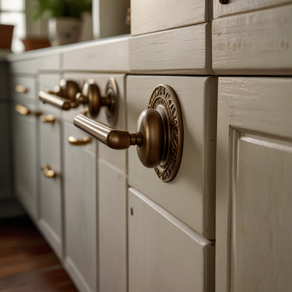 Cabinet doors feature vintage-inspired knobs and handles with brass finishes. These details bring a unique old-world charm to the kitchen.