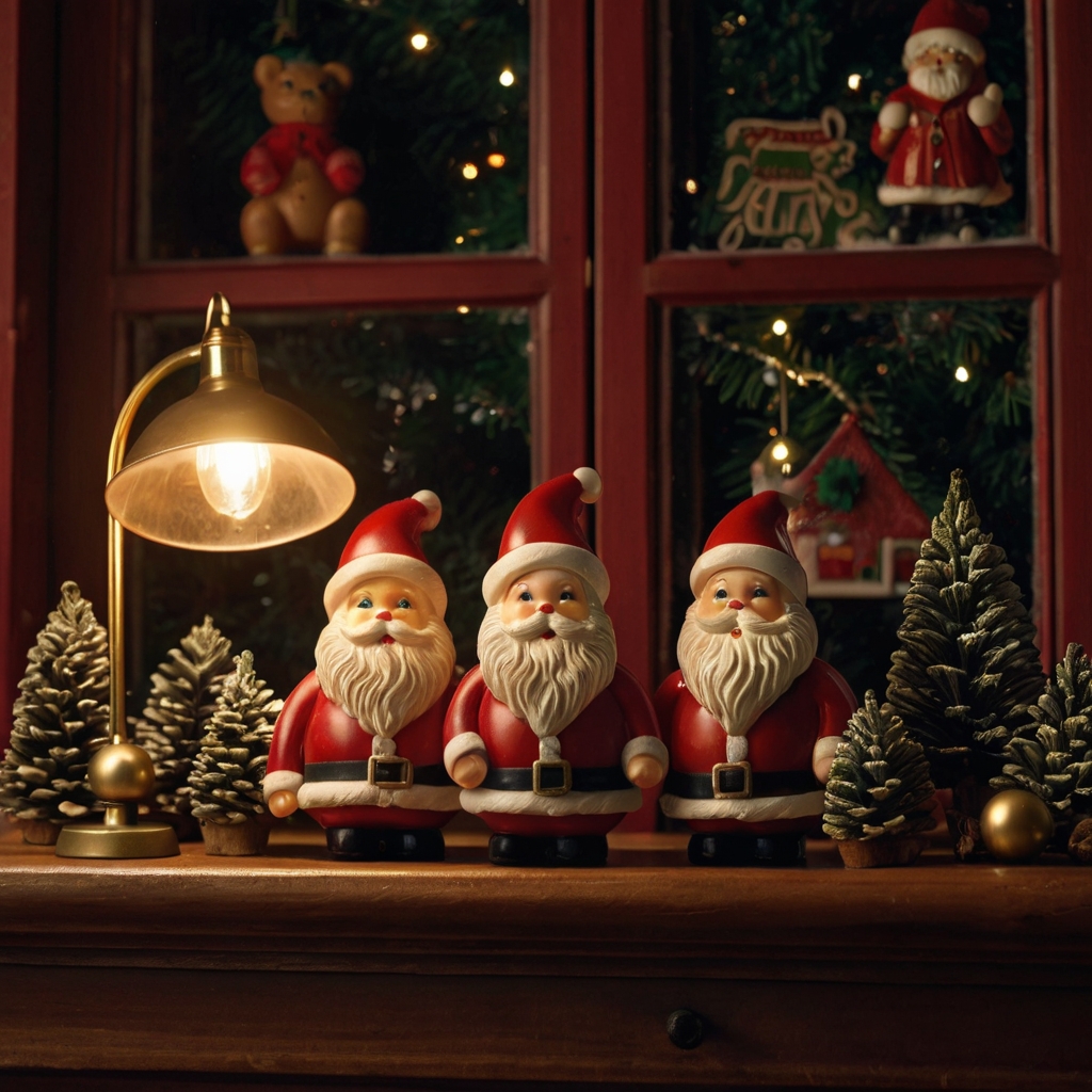 Charming vintage Santa figurines displayed on a wooden shelf, each with unique features. Soft lighting enhances their nostalgic appeal, creating a warm holiday atmosphere.