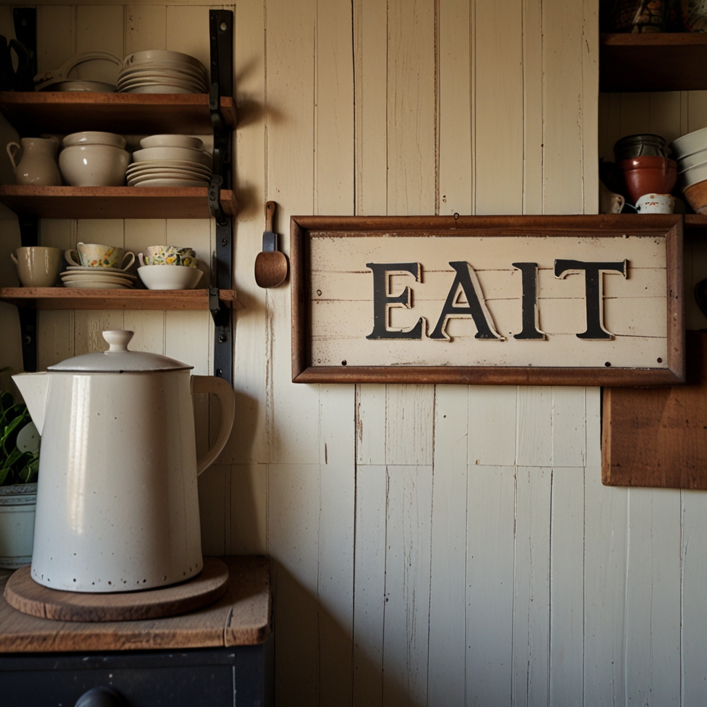 Vintage signs with 'EAT' and 'FARMHOUSE KITCHEN' create a nostalgic feel. Adds fun and a hint of retro character to the space.