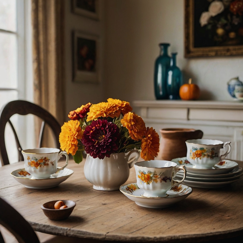 Vintage silverware, china, and glassware add timeless character to the table. Their aged elegance complements the warmth and charm of a Thanksgiving feast.