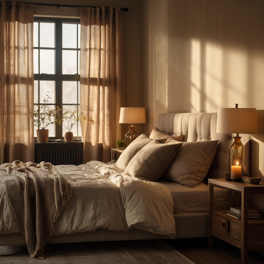 Layered lighting from bedside lamps, pendant lights, and candles, providing warmth and a cozy, inviting vibe.