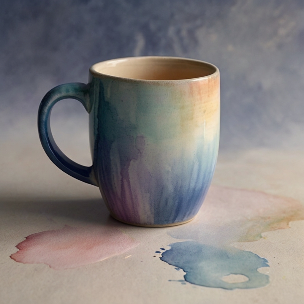 Soft pastel watercolor design flowing across a glossy ceramic mug, with a smooth, ethereal gradient effect under soft light.