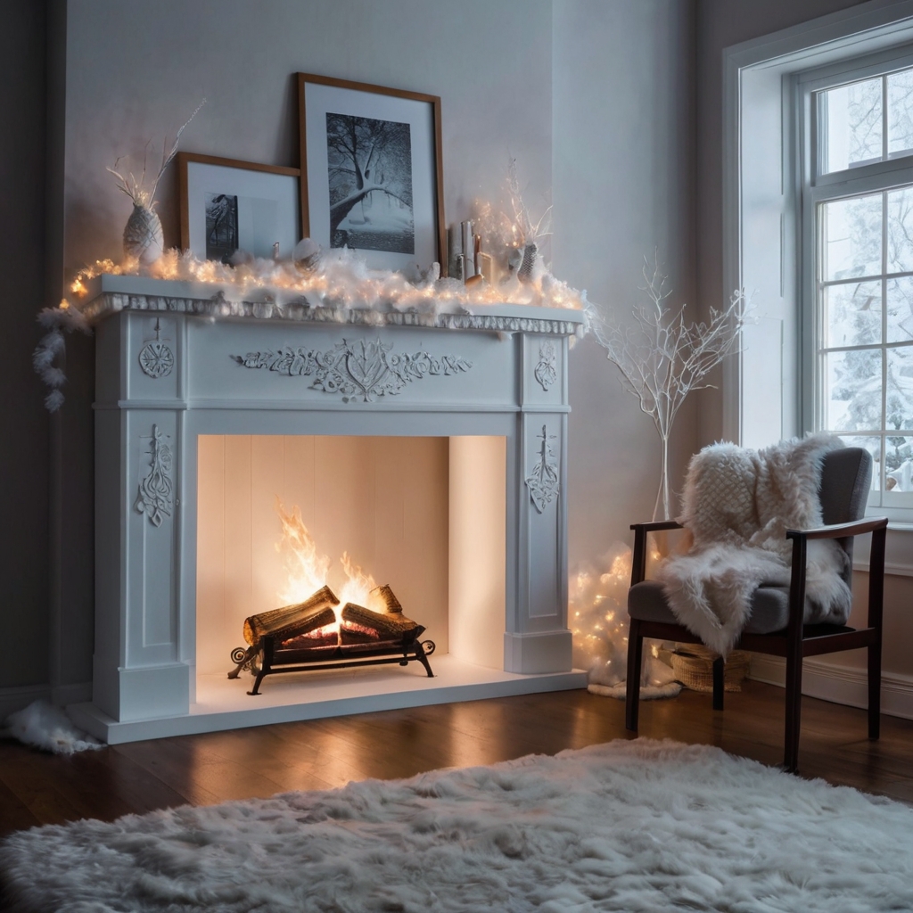 A snowy white cardboard fireplace adorned with fairy lights and soft stockings. Ideal for creating a serene winter look.