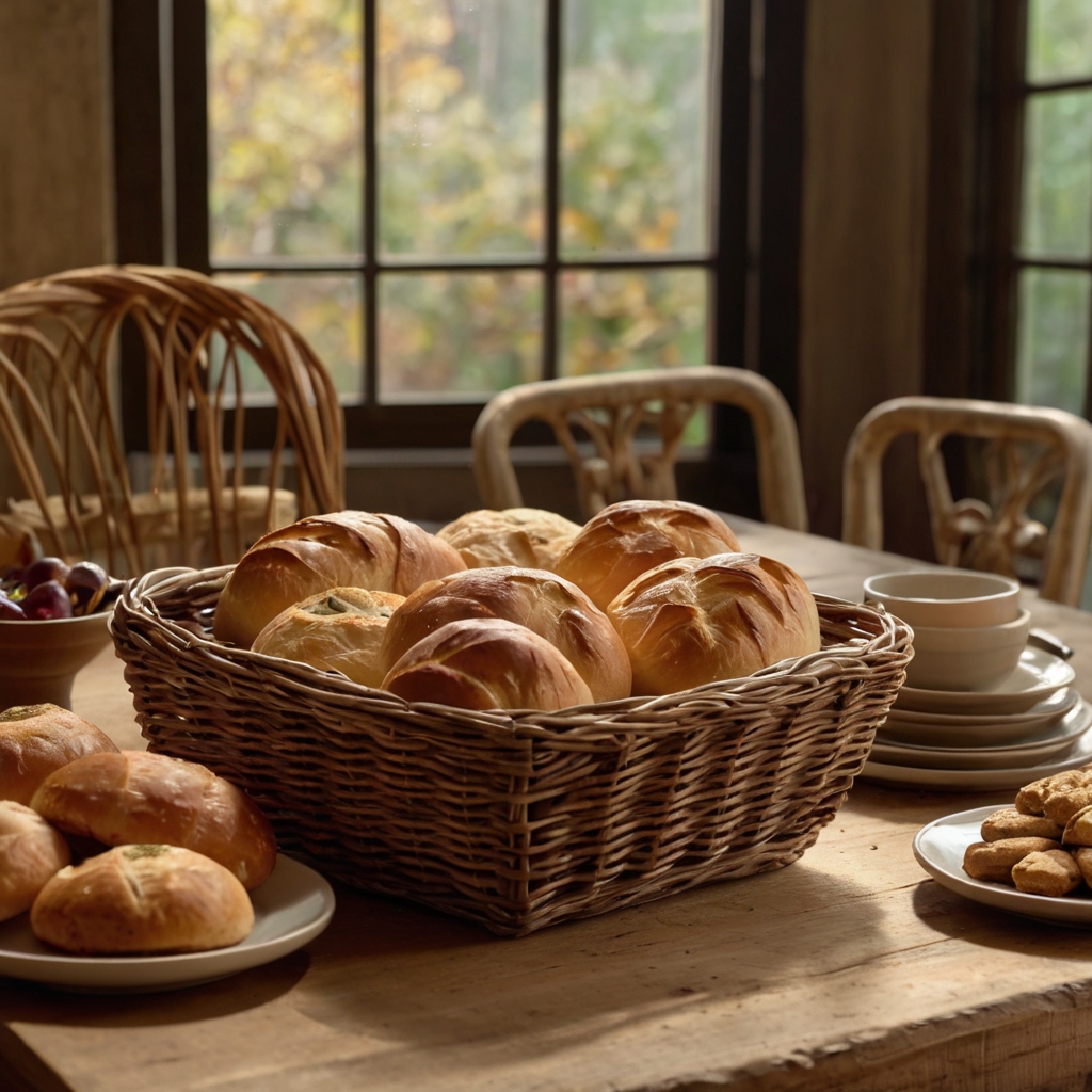 Wicker baskets filled with bread rolls or crackers add a farmhouse charm to the table. Sprigs of rosemary on top enhance the scent and visual appeal.