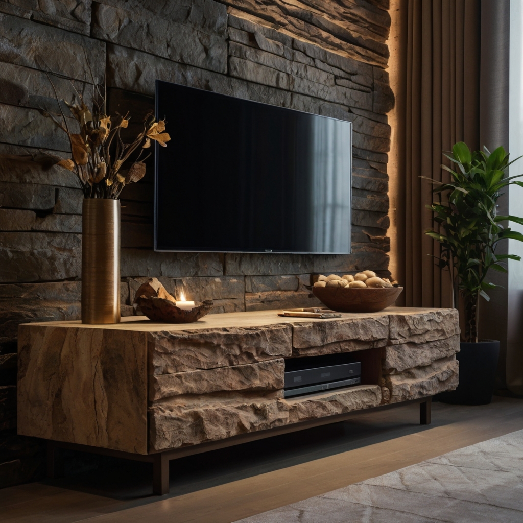 A luxurious TV unit combining wood and stone for a timeless, earthy aesthetic. The mix of materials creates a sophisticated look that enhances any living room.