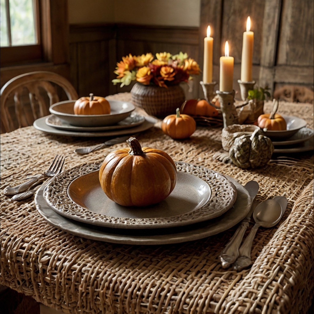 Woven placemats bring warmth and texture to a Thanksgiving table. They complement simple tableware and natural decor for a cozy, rustic setting.