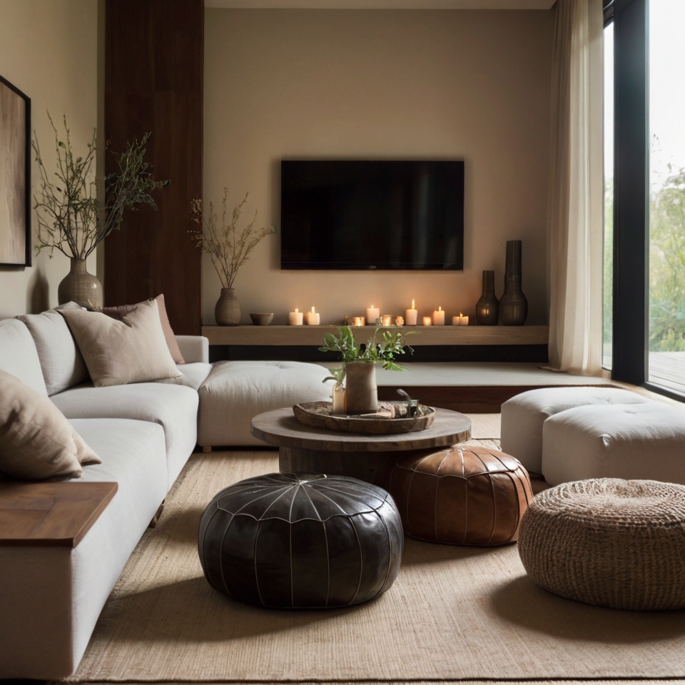 Zen-inspired TV room with earthy tones, floor cushions, and candles. Soft daylight creates a calm, peaceful atmosphere.