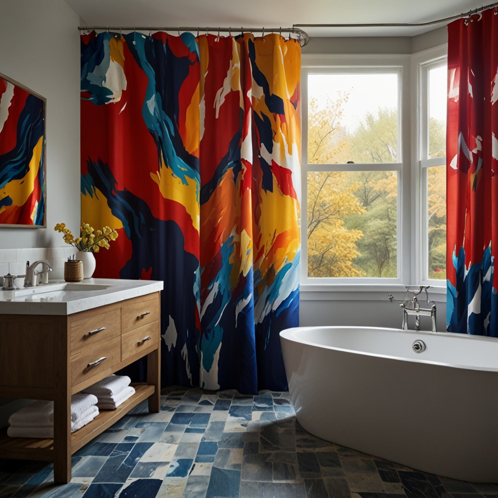 Make a statement with abstract art shower curtains in vibrant colors. Dramatic lighting brings out the bold brushstrokes and creative flair.