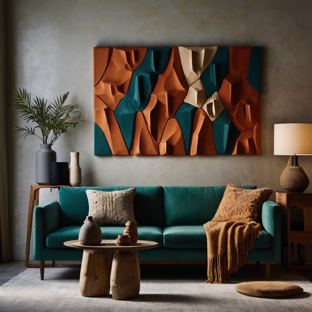 Abstract clay wall hanging with bold color contrasts and irregular shapes. Dynamic lighting creates striking shadows, emphasizing the unconventional design.