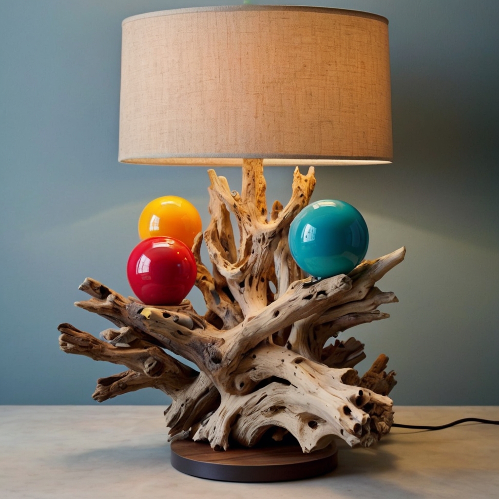 Brighten your driftwood lamp with colorful designs. Add a modern, playful twist to natural wood with vibrant tones.