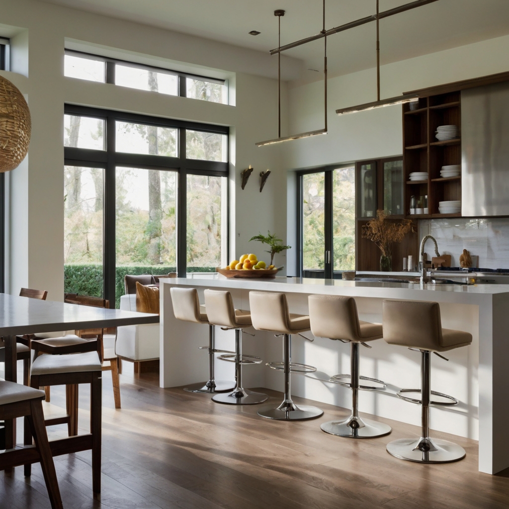 Adjustable-height chairs offer versatility and style in modern kitchens. Elevate your space with natural light highlighting these flexible, functional pieces.