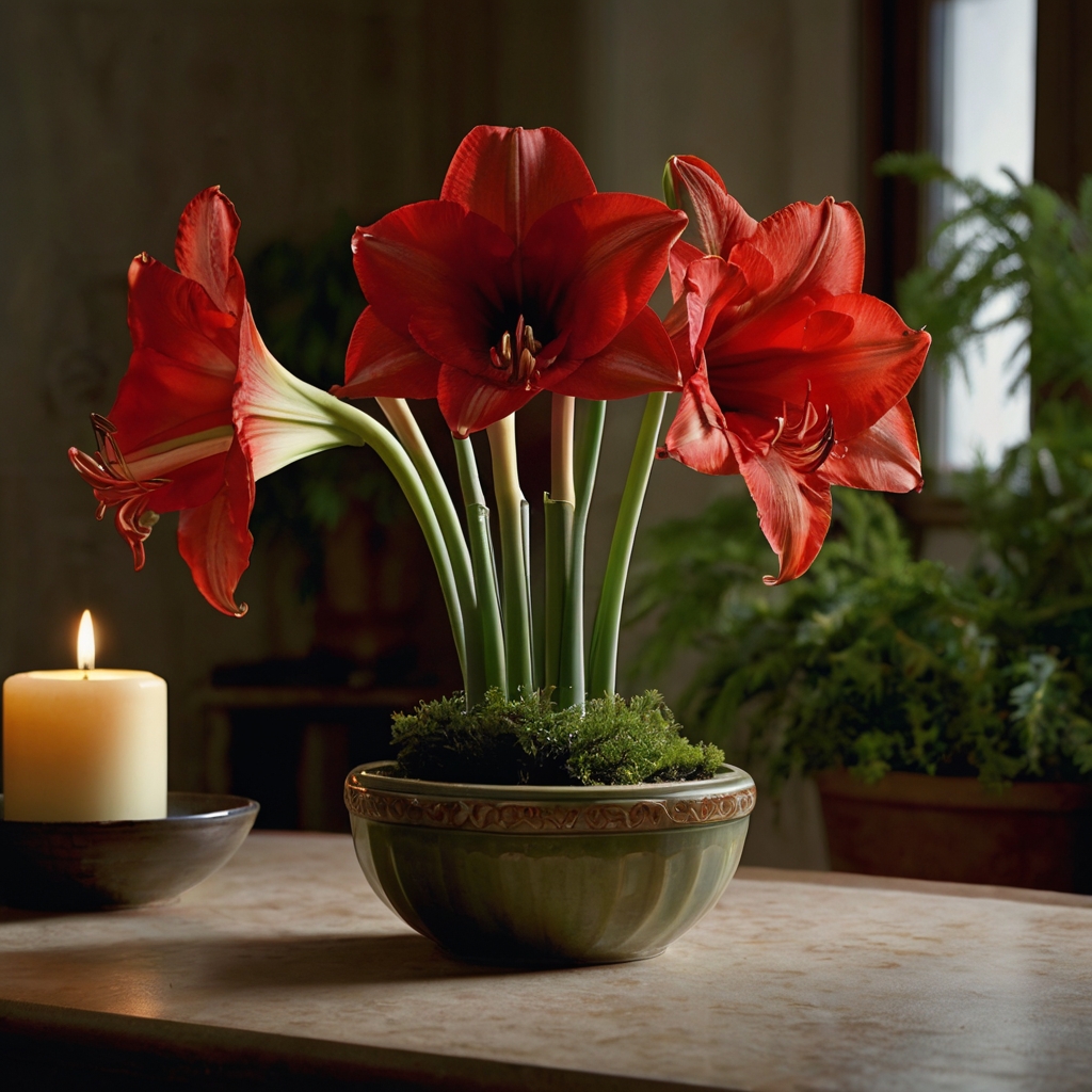 Bold red amaryllis flowers illuminated by soft indoor light, set against a festive holiday table. The warm glow highlights the rich red tones and green stalks.
