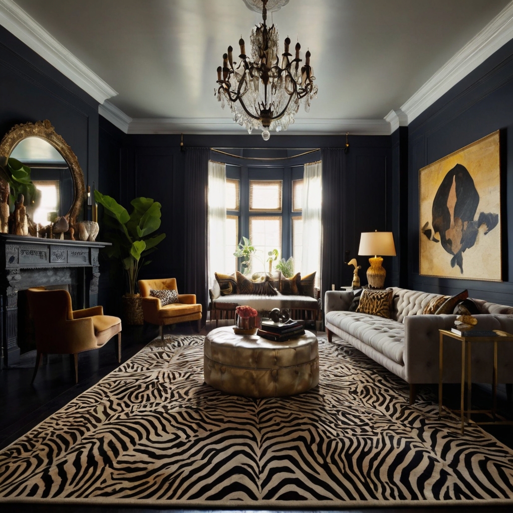 Animal Print Rugs: Bold animal print designs add exotic energy to eclectic and modern interiors.