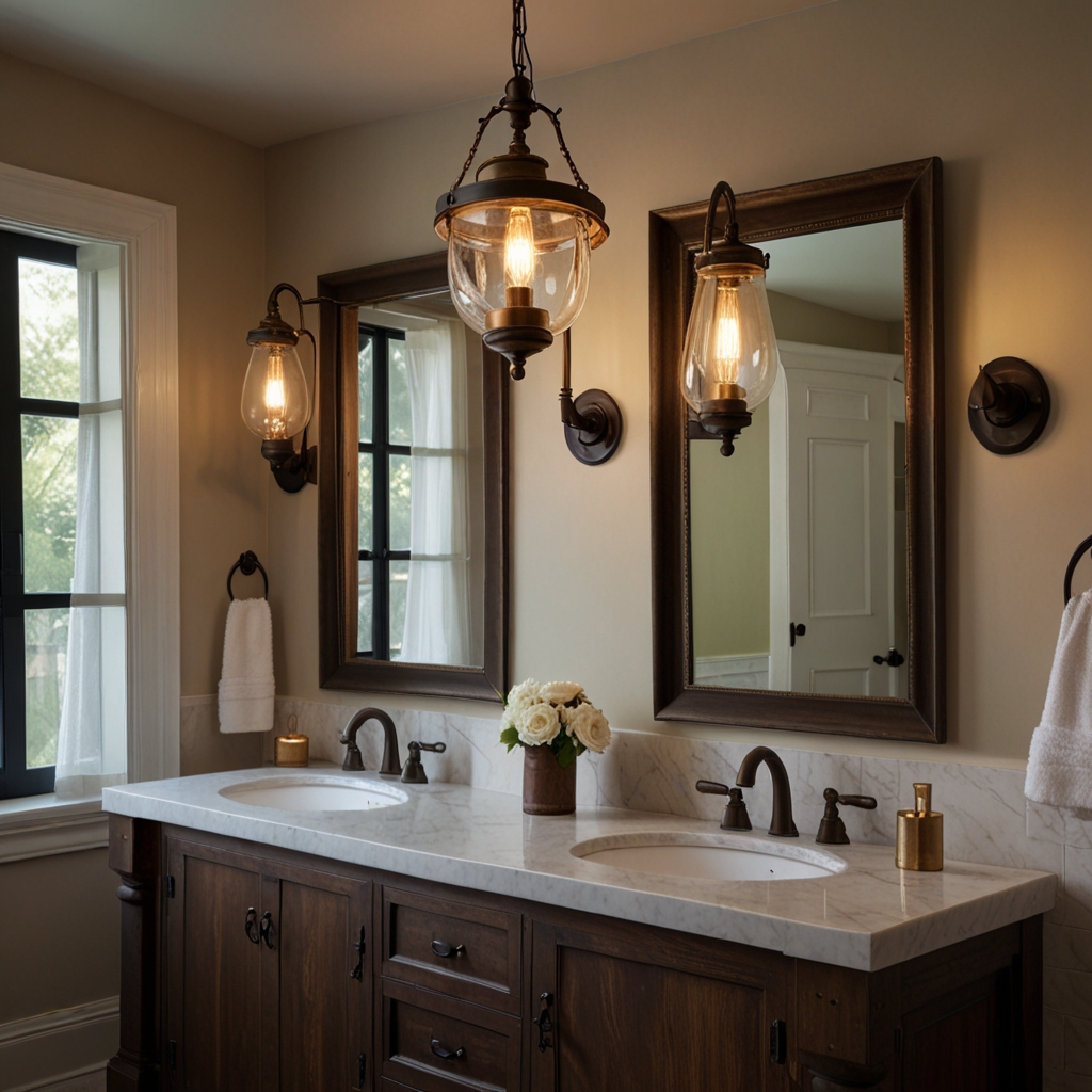 Add warmth and classic elegance to your bathroom with antique bronze light fixtures, perfect for rustic or traditional designs.