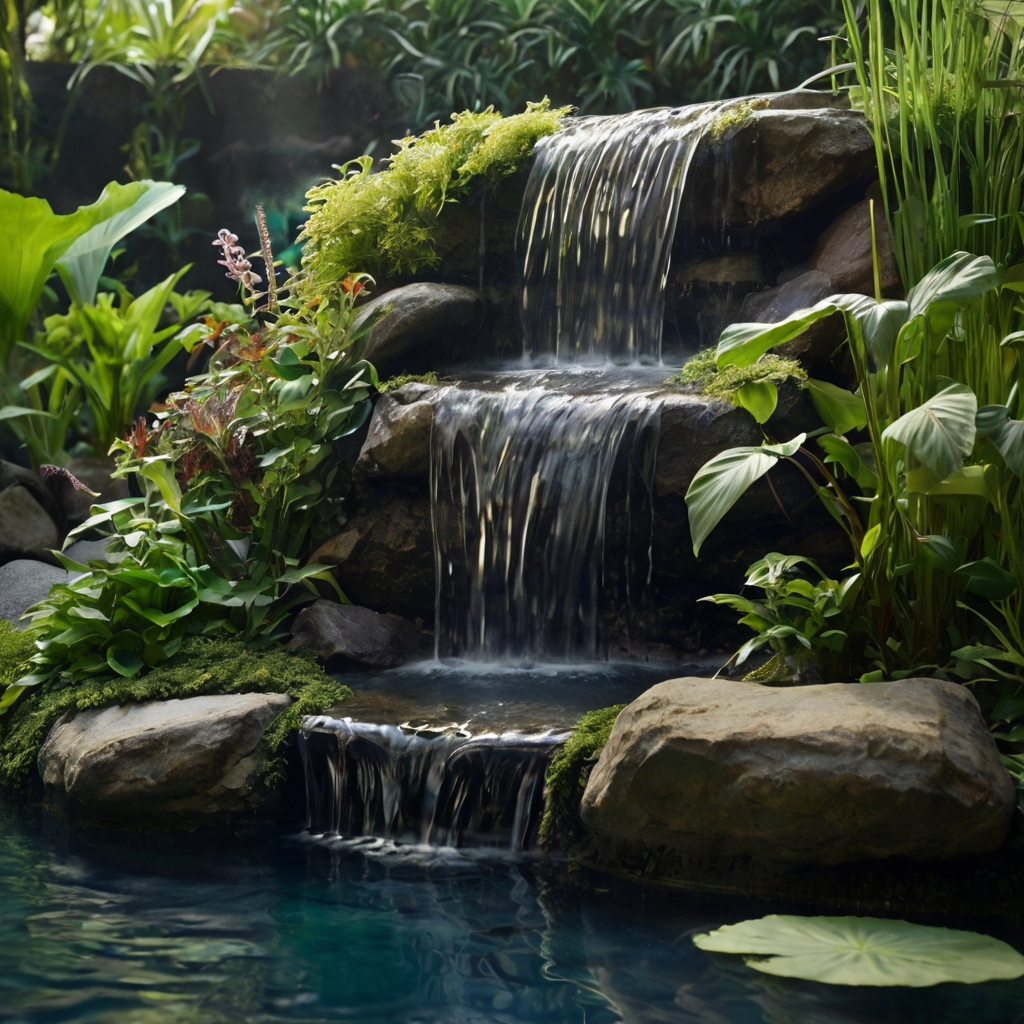 A glass-enclosed waterfall featuring aquatic plants and fish, creating a mesmerizing flow of water.