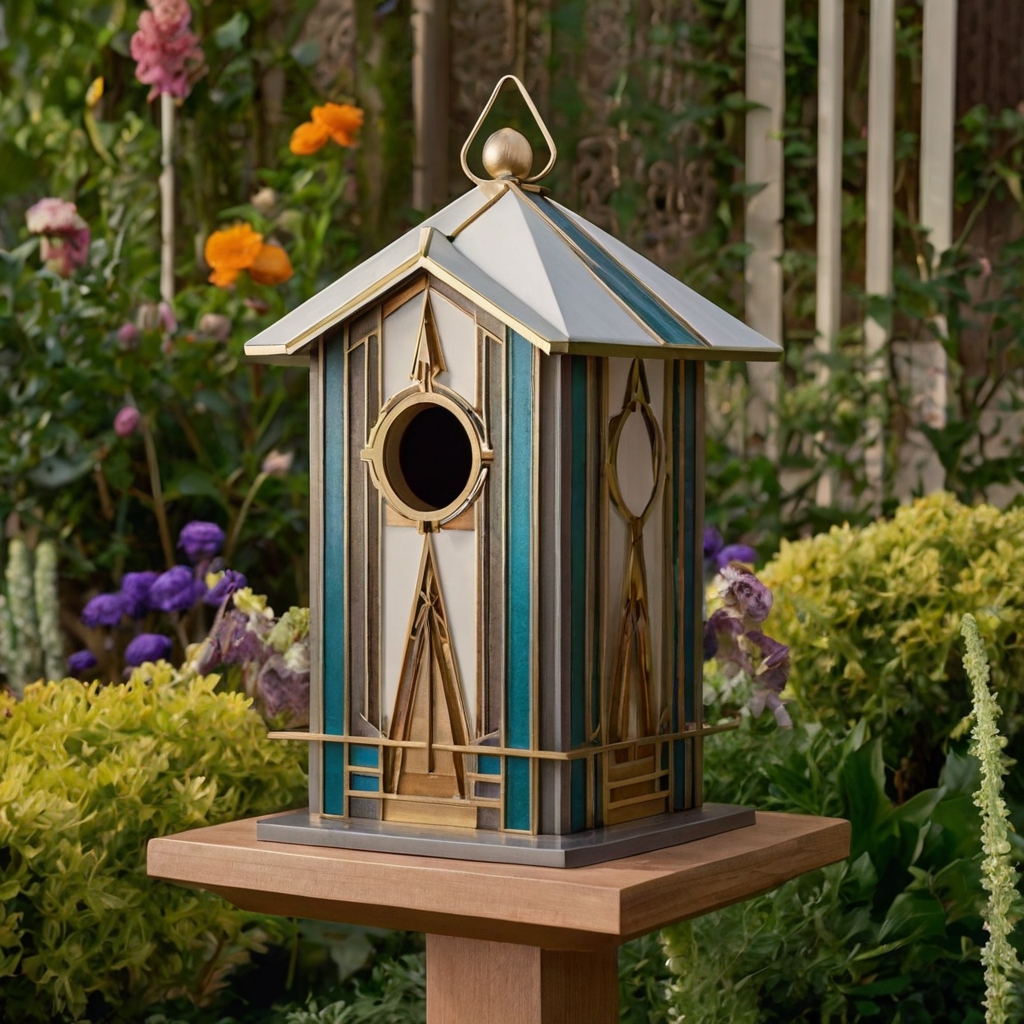 Elevate your garden with Art Deco-inspired birdhouses featuring geometric elegance. These luxurious designs add vintage charm and style.