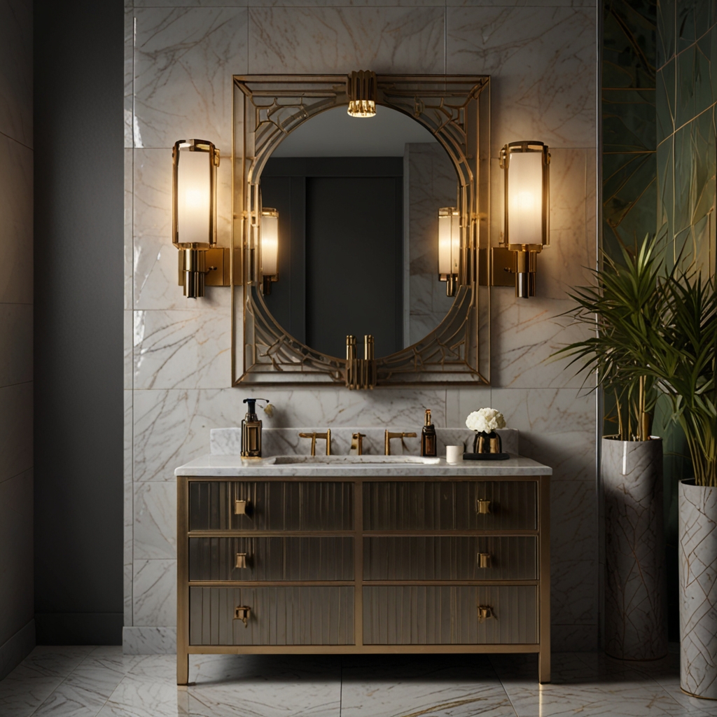 Add vintage glamour to your bathroom with Art Deco light fixtures, featuring bold geometric designs and metallic finishes.