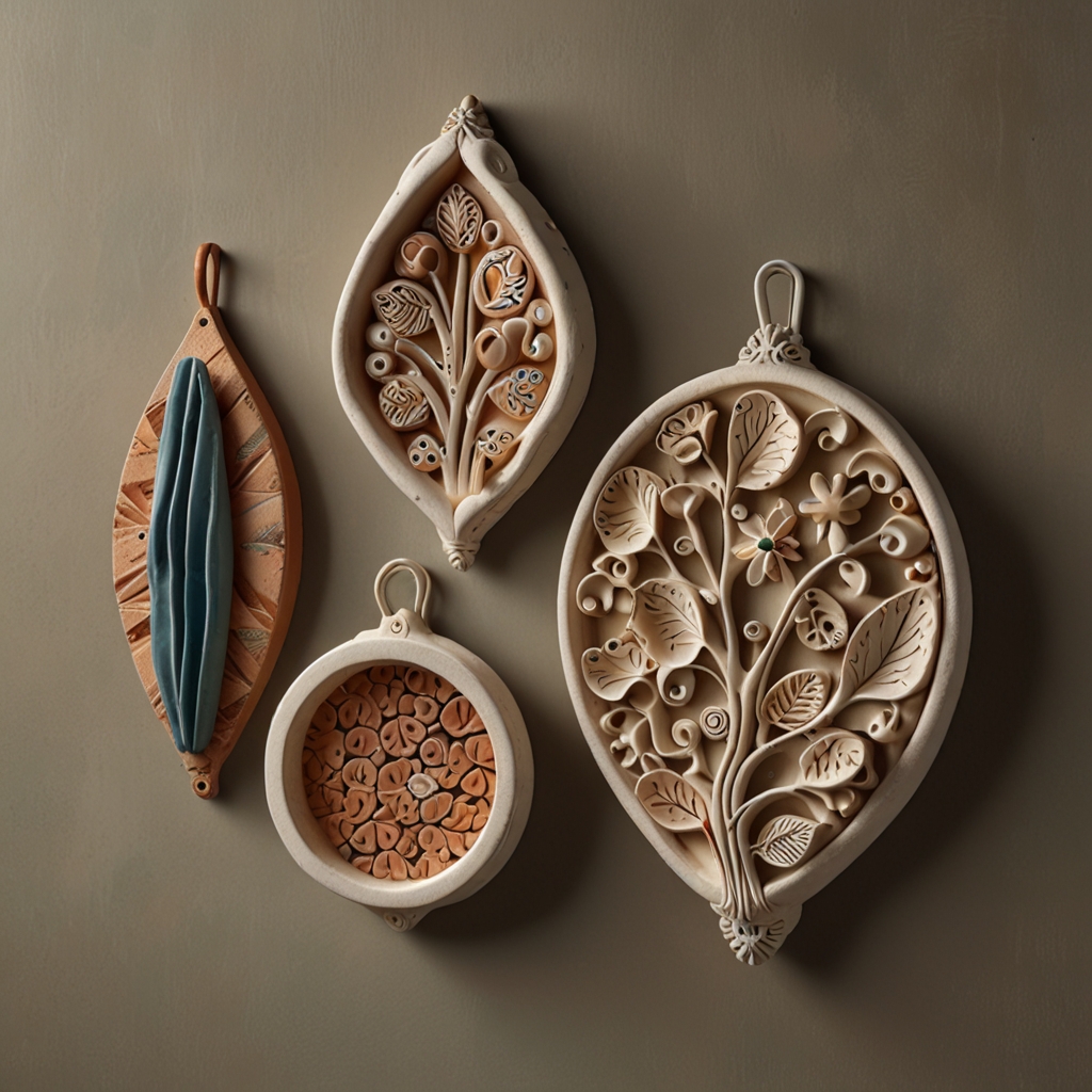 Artistic clay wall hangers in abstract or organic shapes. Soft lighting highlights the unique designs, combining function with artistic flair.