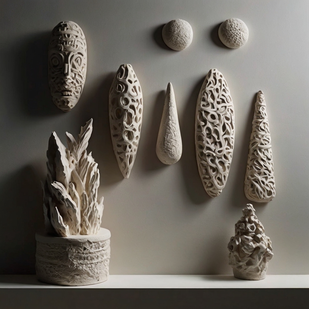 3D clay wall sculptures with layered textures and mixed media. Dramatic lighting enhances their depth, making a striking statement.