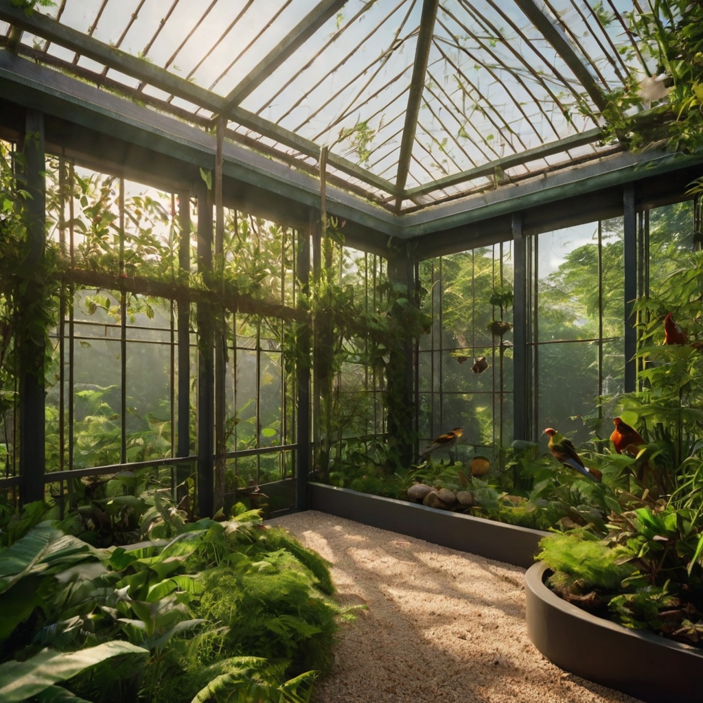 Design an aviary with a green roof, blending into the garden with lush plants. Highlight a serene atmosphere where birds thrive in harmony with nature.