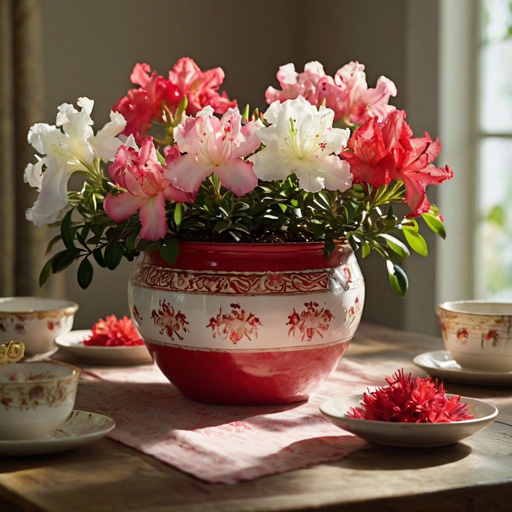 Bright red, pink, and white azalea flowers arranged in a festive pot, bathed in soft sunlight. The flowers add a cheerful energy to the room, surrounded by greenery.
