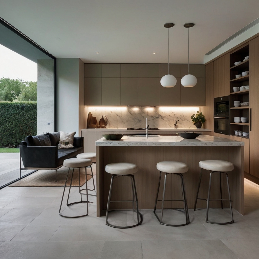 Create a spacious kitchen with backless island chairs, offering a sleek and minimalist design. Enjoy a light, open feel with soft lighting highlighting the clean lines.