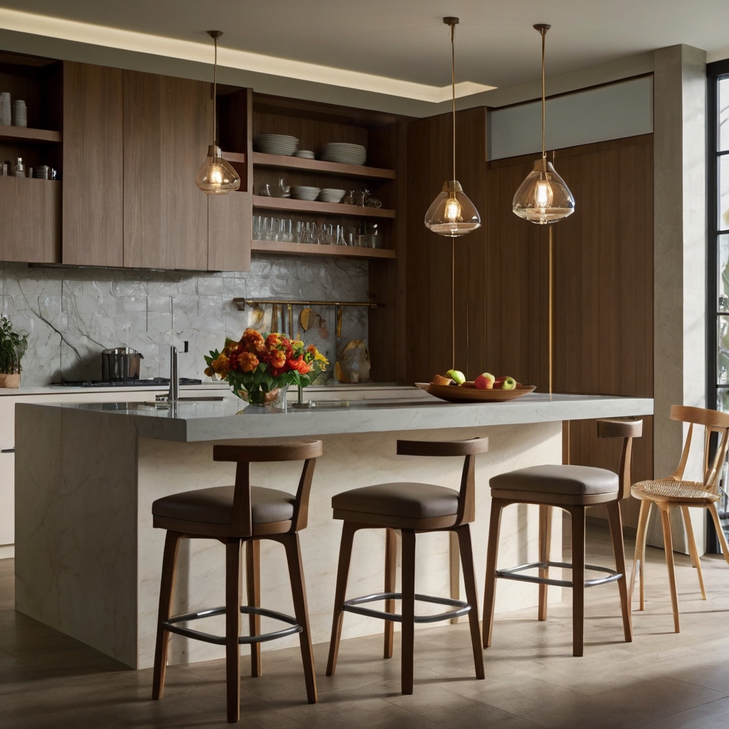 Bar-height stools bring a casual, social vibe to your kitchen island. Enjoy relaxed, comfortable dining with soft lighting and stylish stool designs.