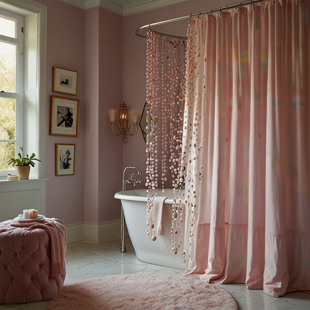 Pastel beaded shower curtains shimmer under ceiling lights, creating a glamorous glow. Soft-hued walls and natural light complete this chic, feminine bathroom.