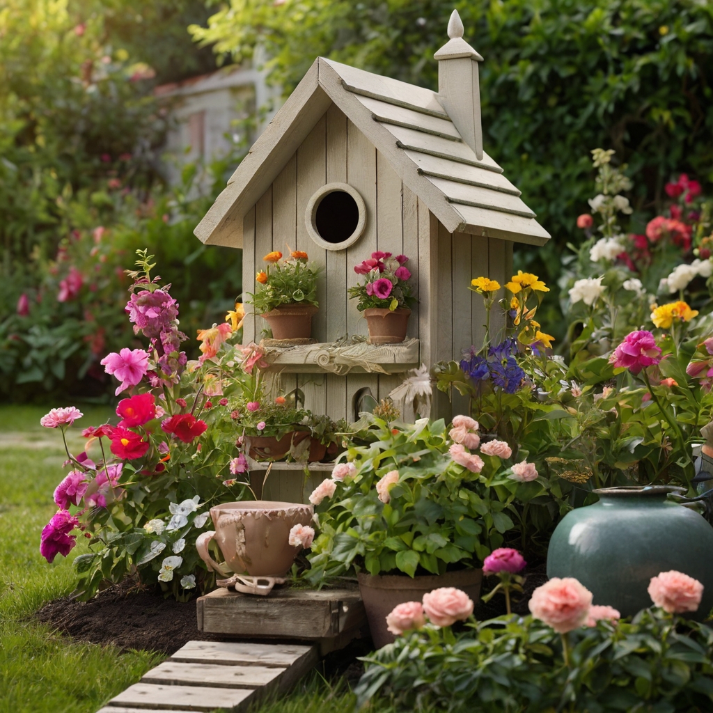 Decorate your garden with birdhouses adorned with flowers and hanging plants. A beautiful fusion of form and function for your outdoor sanctuary!