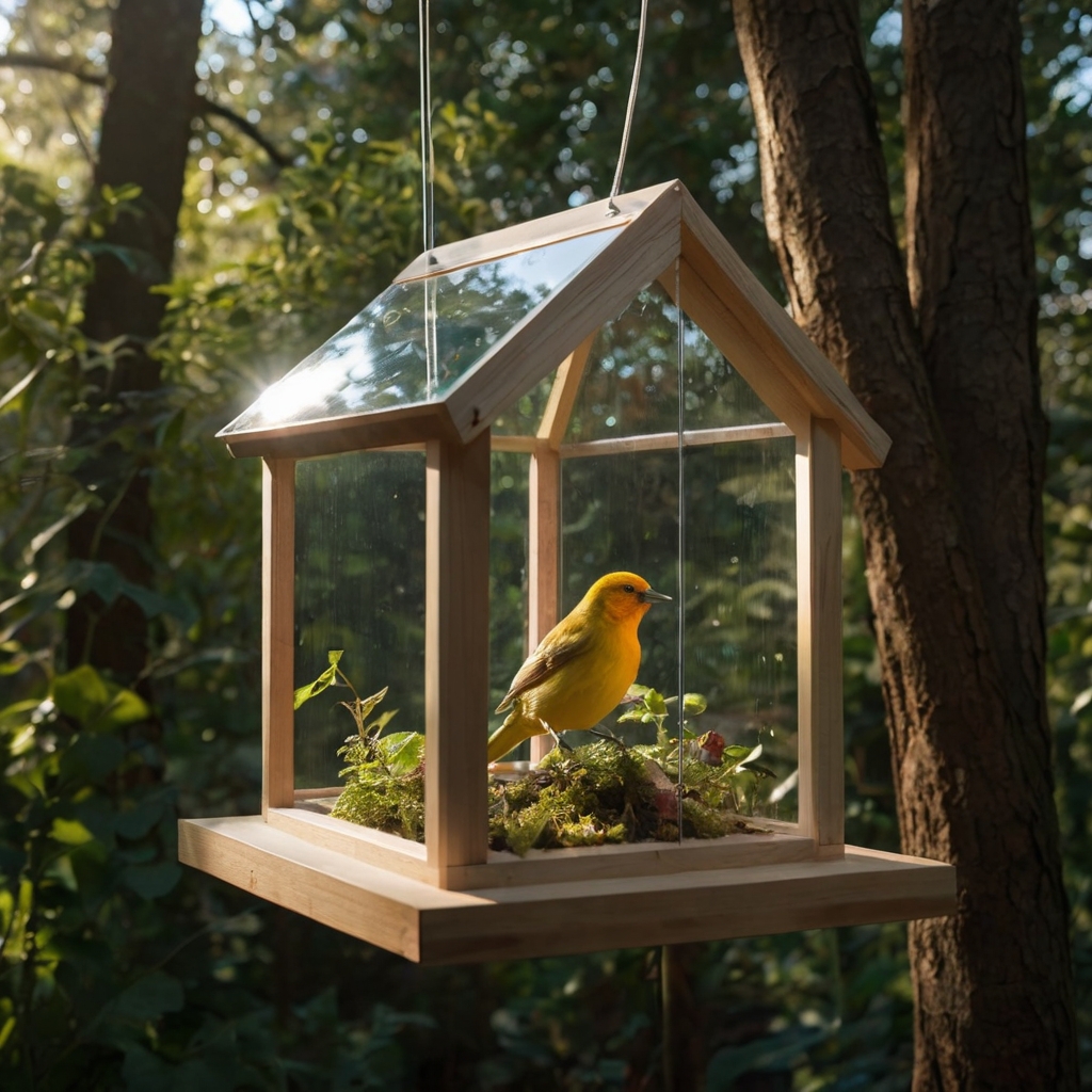 Peek inside nature with birdhouses featuring transparent windows. Enjoy an intimate view of bird activities in a softly lit garden setting.