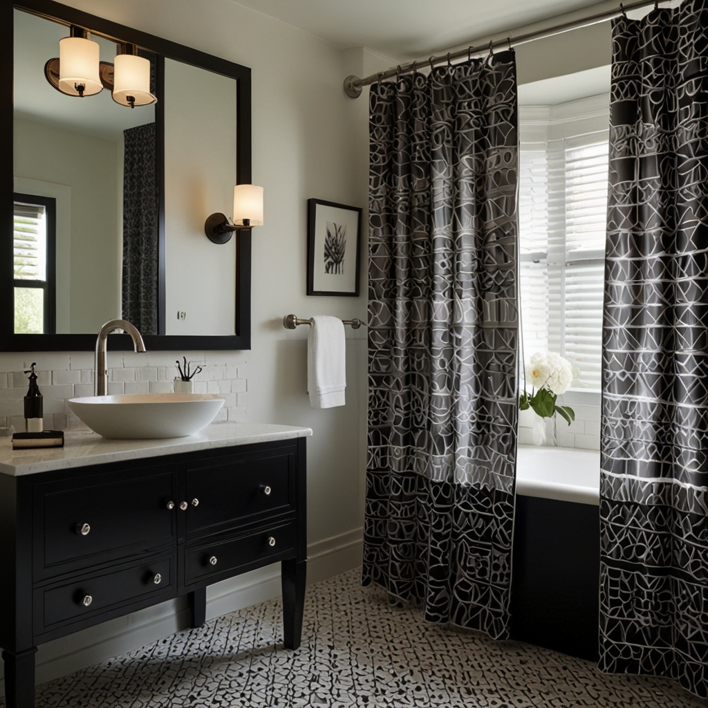 Bold black-and-white geometric shower curtains create striking contrast in a modern bathroom. High-contrast lighting accentuates the sharp lines.