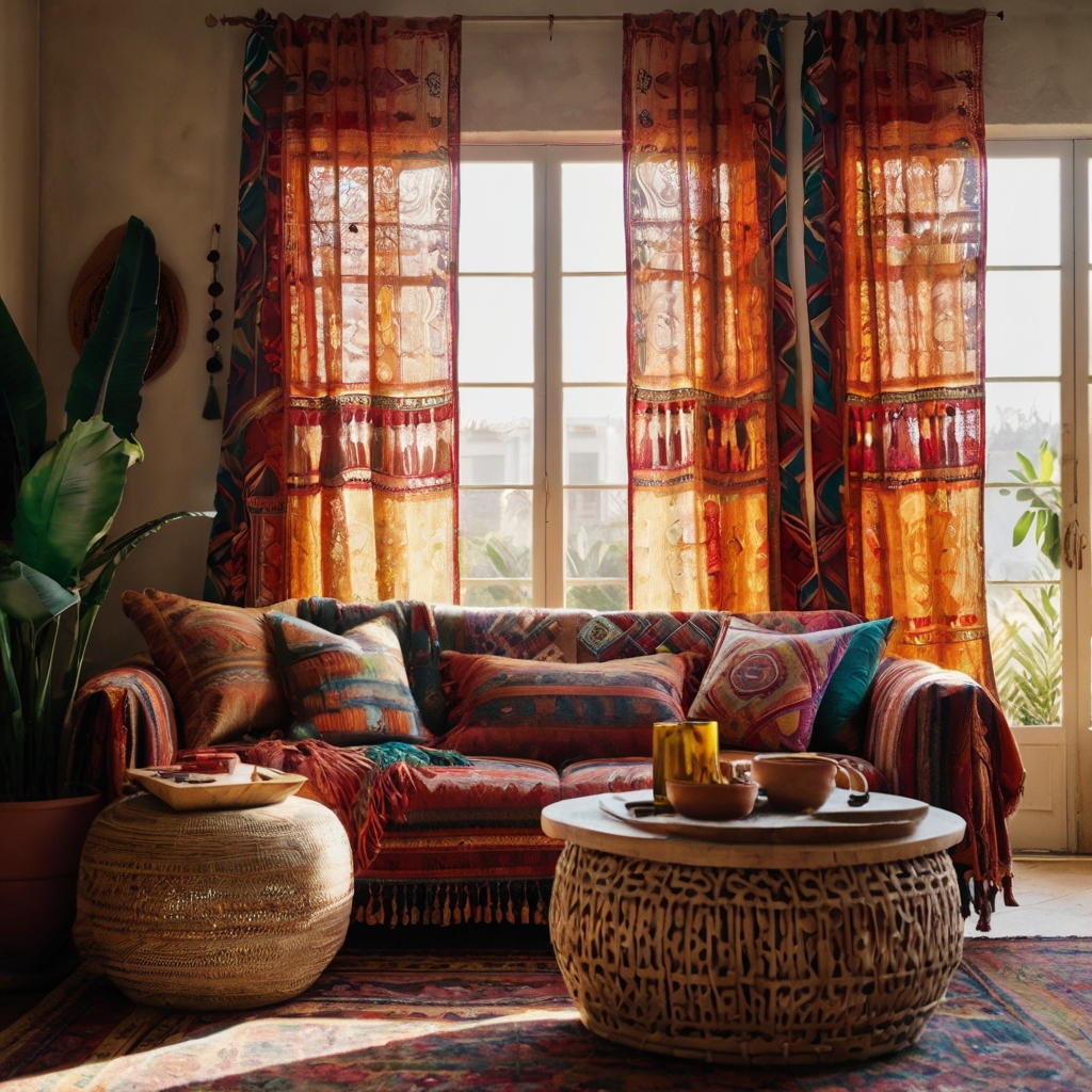 Boho-style sofa covers with bright patterns and textures create an eclectic, carefree vibe. Perfect for free-spirited, laid-back living spaces.