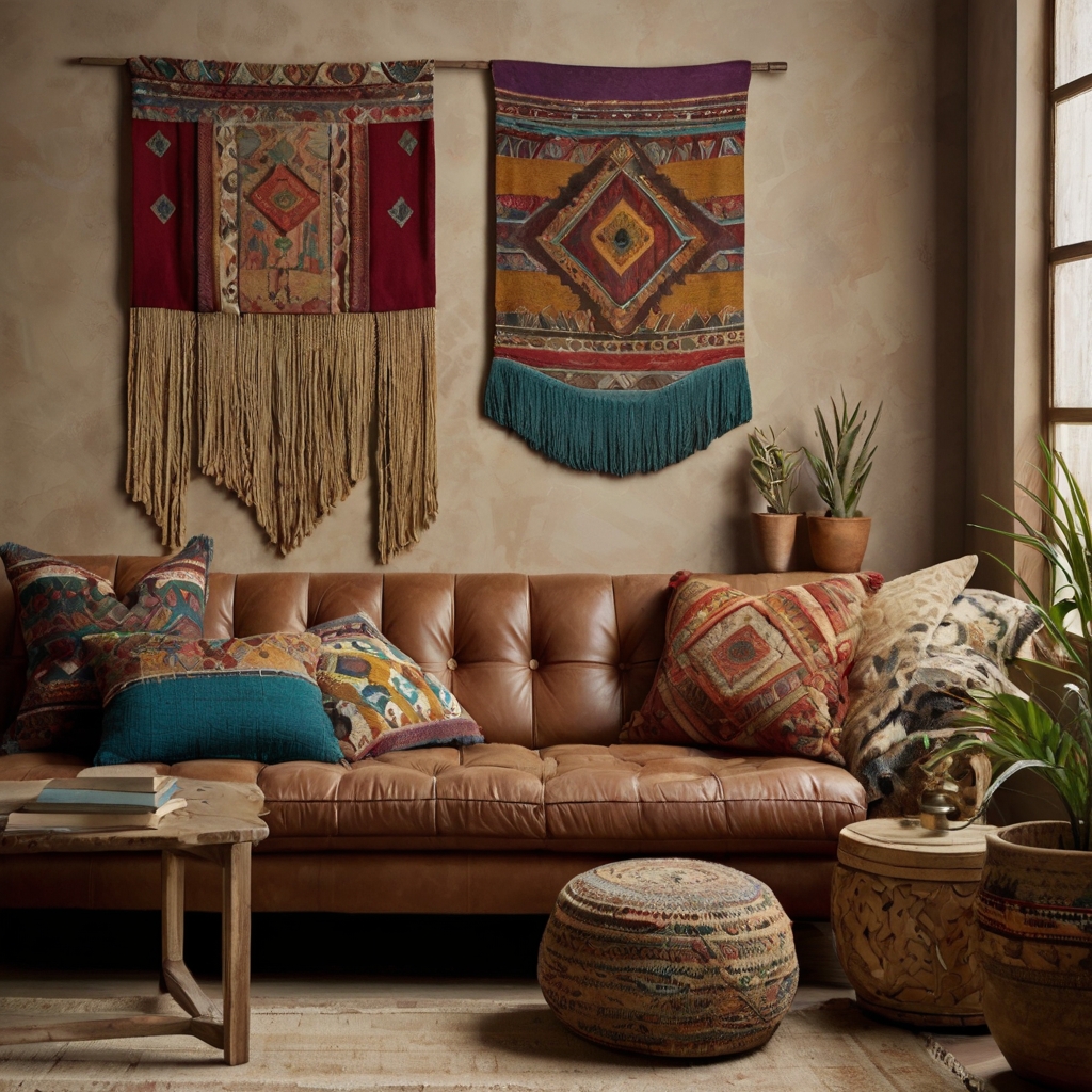 Boho-inspired clay wall tapestries with fringed edges. Soft light highlights the texture, creating a warm, eclectic ambiance.