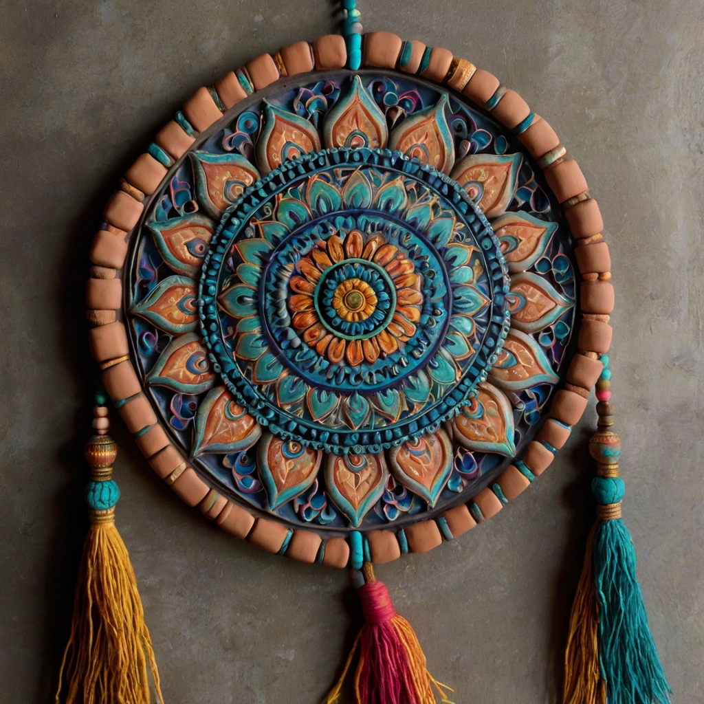 Intricate clay mandala wall hanging in boho style. Vibrant glazes and soft lighting create a peaceful, serene atmosphere.