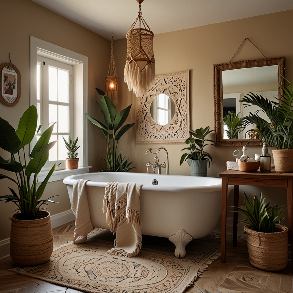 Tropical plants, woven rugs, and dreamcatchers set a relaxed boho tone. Soft lighting highlights mismatched decor for a charming, laid-back vibe.