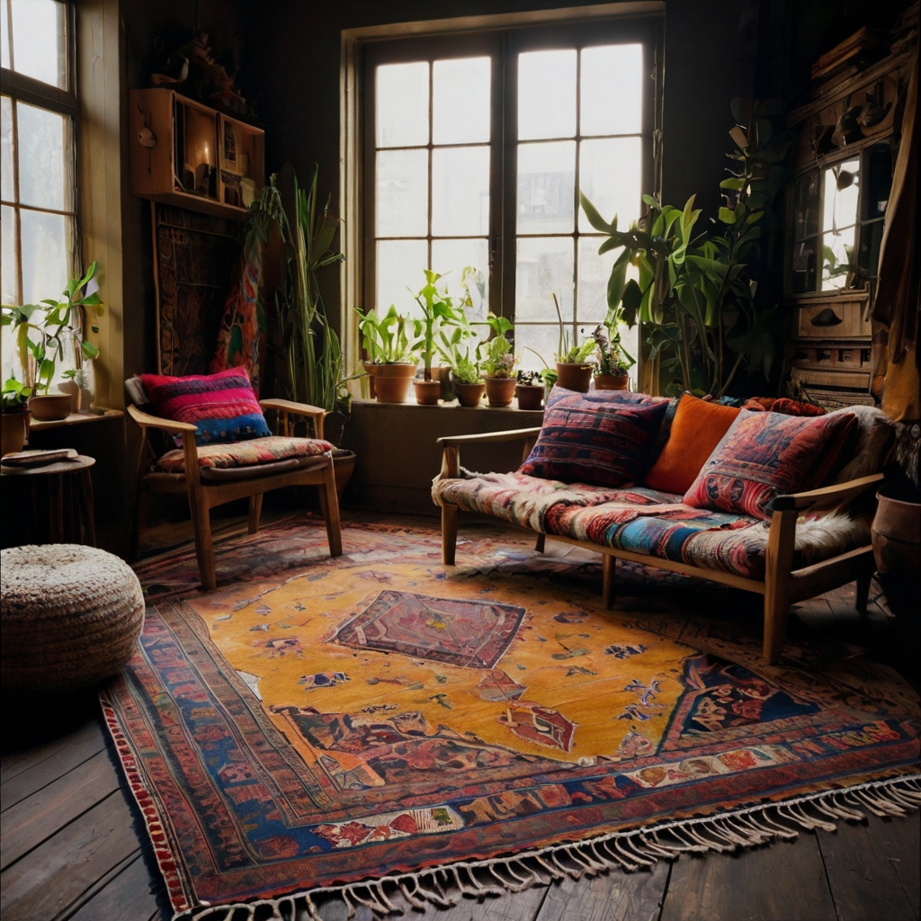 Boho-Chic Layered Rugs: Create texture and flair by layering vibrant boho rugs for a relaxed look.