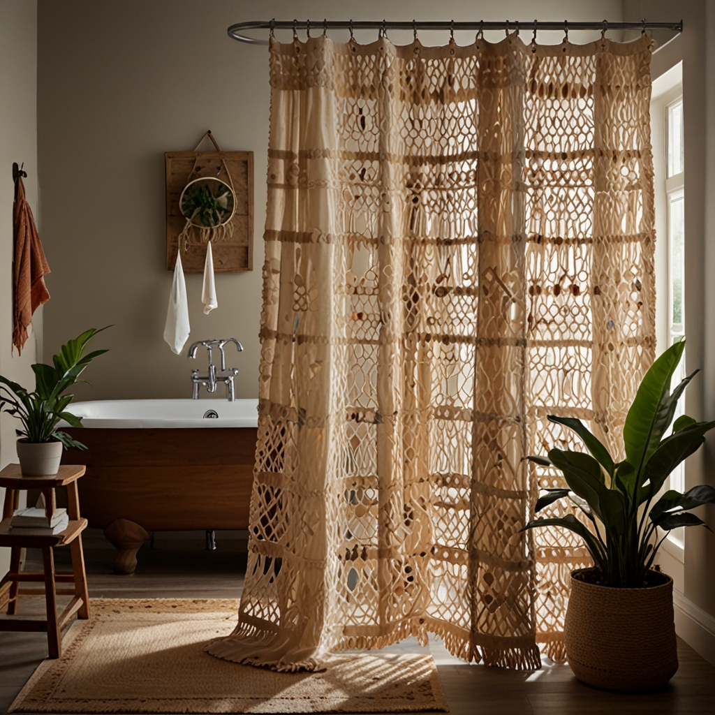 Woven macramé shower curtains bring boho charm to your bathroom. Warm lighting enhances the intricate textures and earthy vibe.