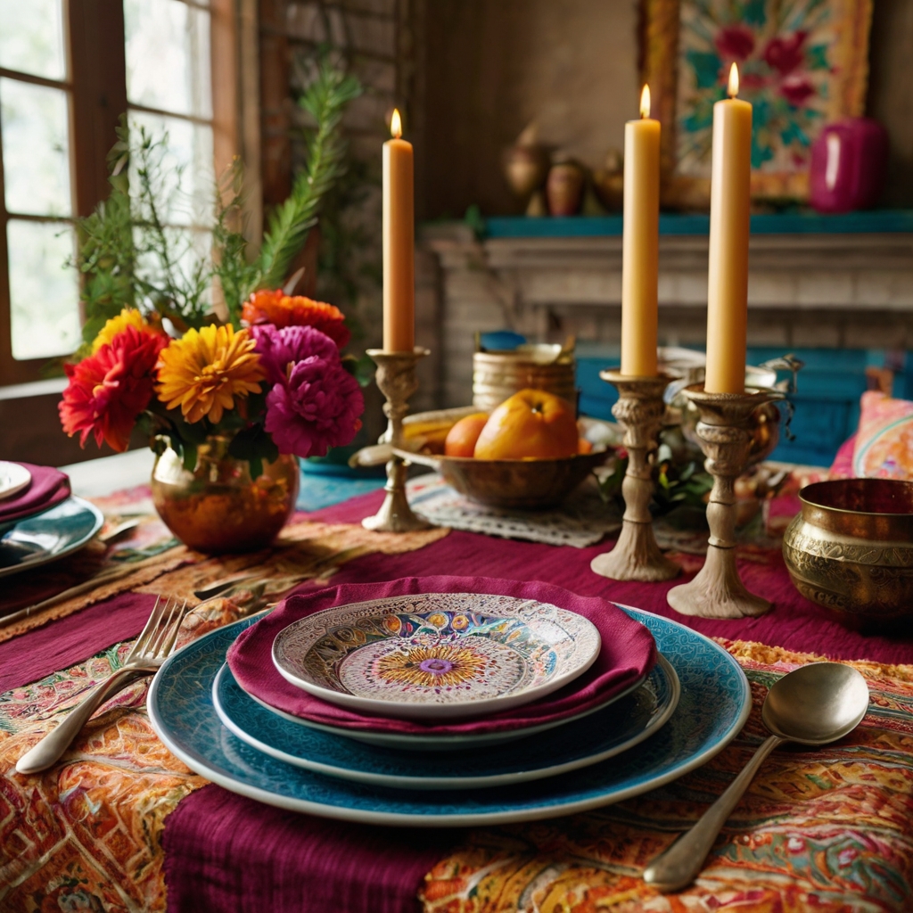A boho chic table with vibrant fabrics, fringed placemats, and exotic flowers. Soft lighting creates a relaxed, artistic vibe.