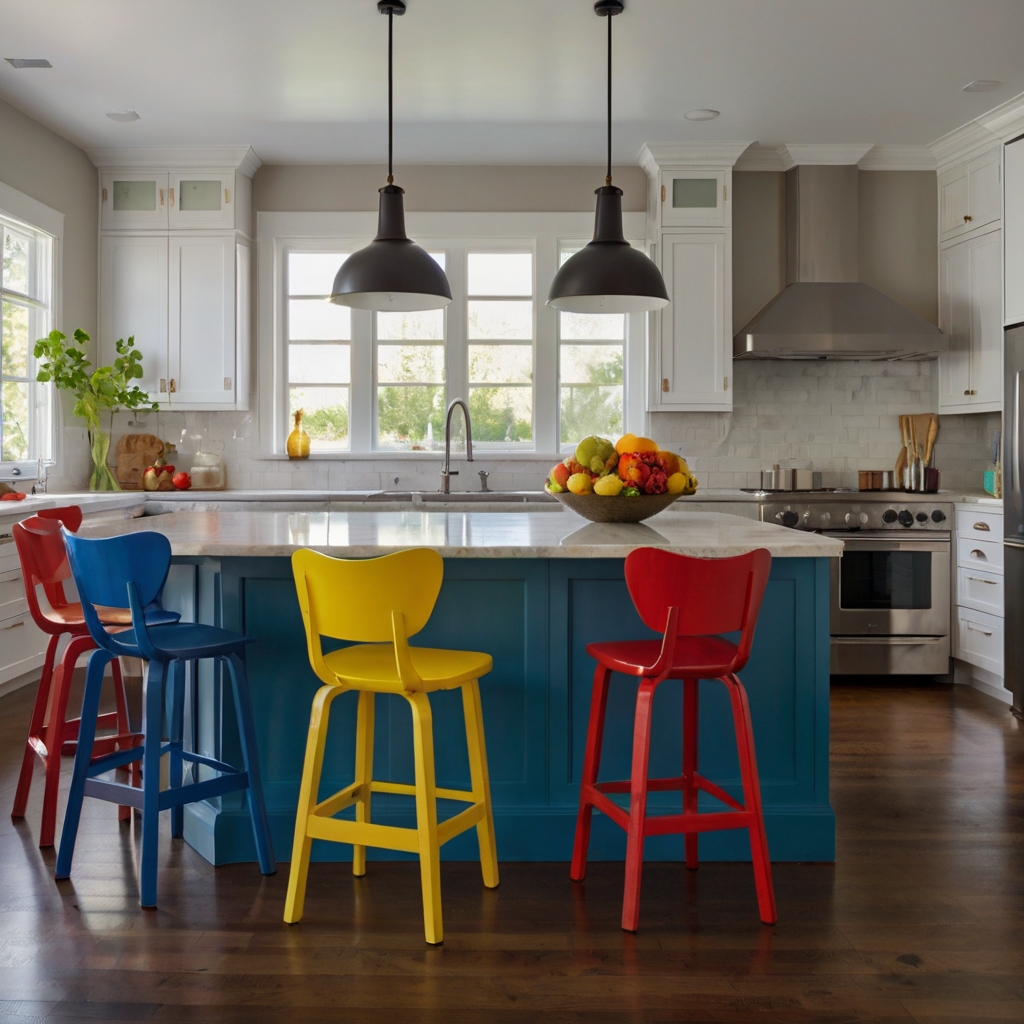Bring vibrant island chairs in bold tones like red or yellow to brighten your kitchen. Add a playful, energetic atmosphere with natural light accentuating the colors.