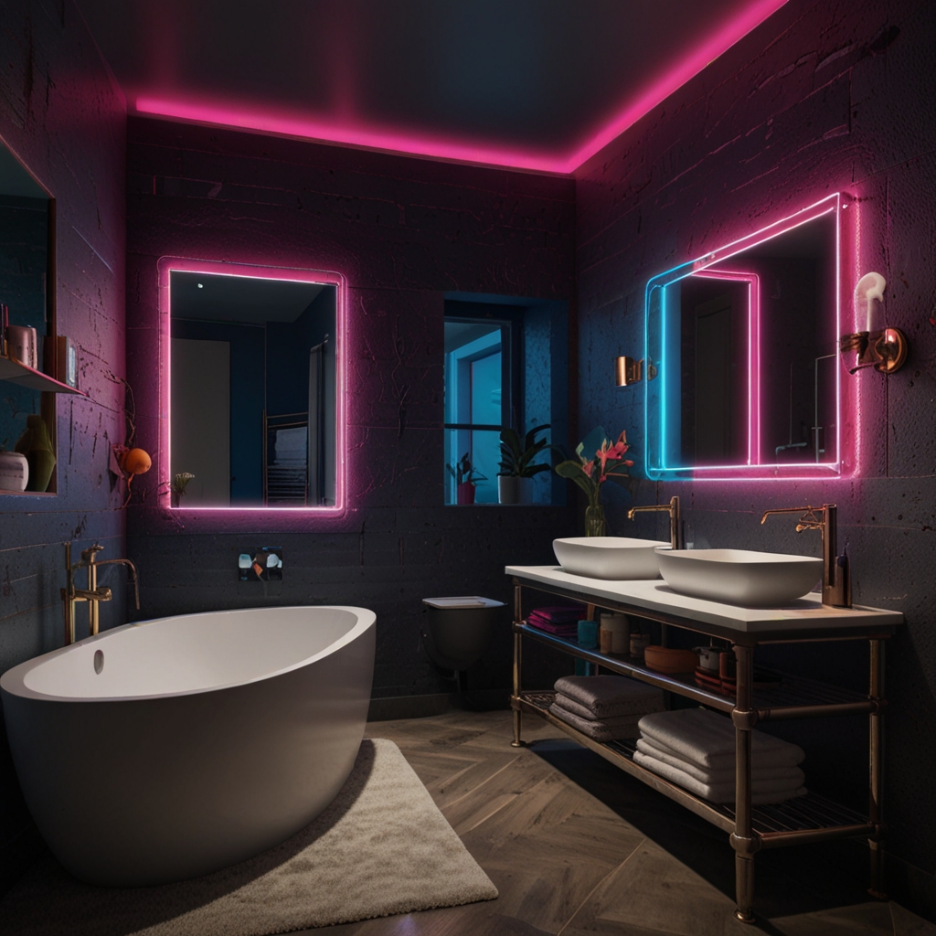 Inject fun and creativity into your bathroom with bold neon lights, perfect for adding energy and playfulness to the space.