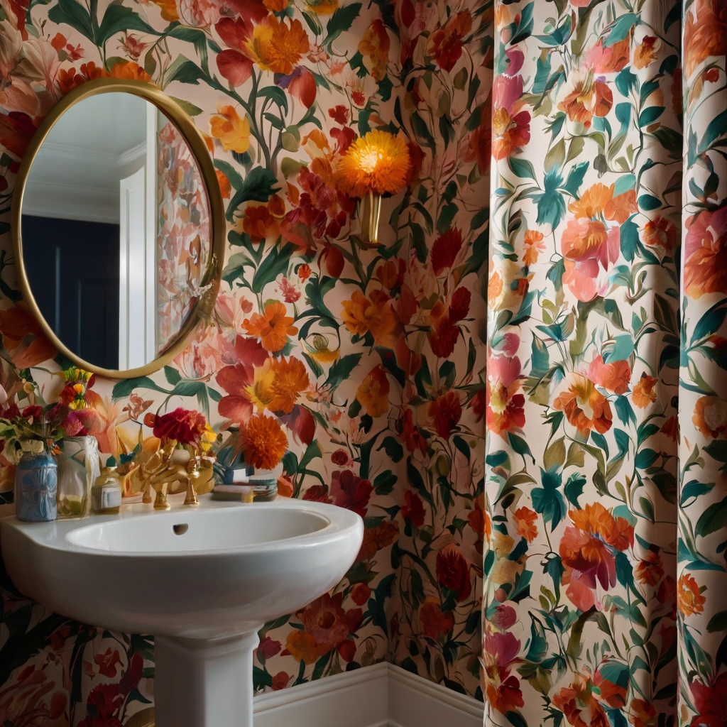 Floral wallpaper in rich tones adds personality to this bathroom, with warm lighting highlighting intricate details. Neutral fixtures and soft rugs balance the vibrant design