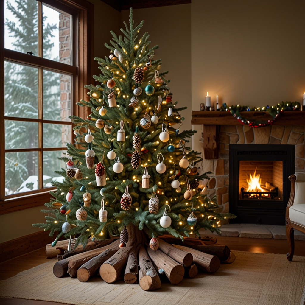 A rustic tree made from thick logs and branches, decorated with natural ornaments, brings the outdoors inside. Visit our site for more woodland-inspired tree ideas!