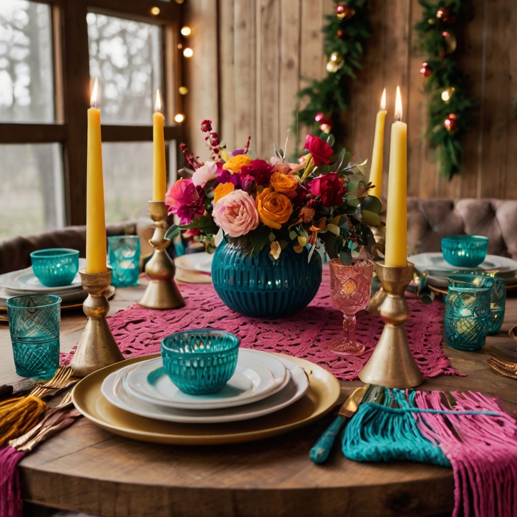 Mix macramé, colorful candles, and floral accents for a vibrant and bohemian holiday dinner table.