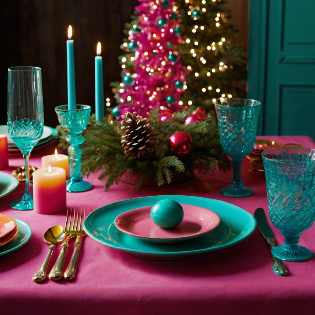 A lively table with bright neon colors like pink, green, and turquoise. Bright lighting highlights the bold, festive hues.