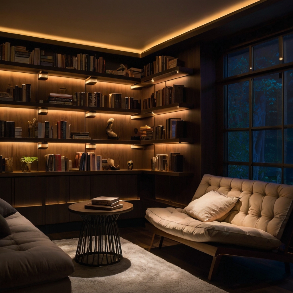 Elevate your reading nook with bookshelves illuminated by built-in LED lights. The warm glow and dark wood accents create a luxurious ambiance. Add a touch of glamour to your space today!