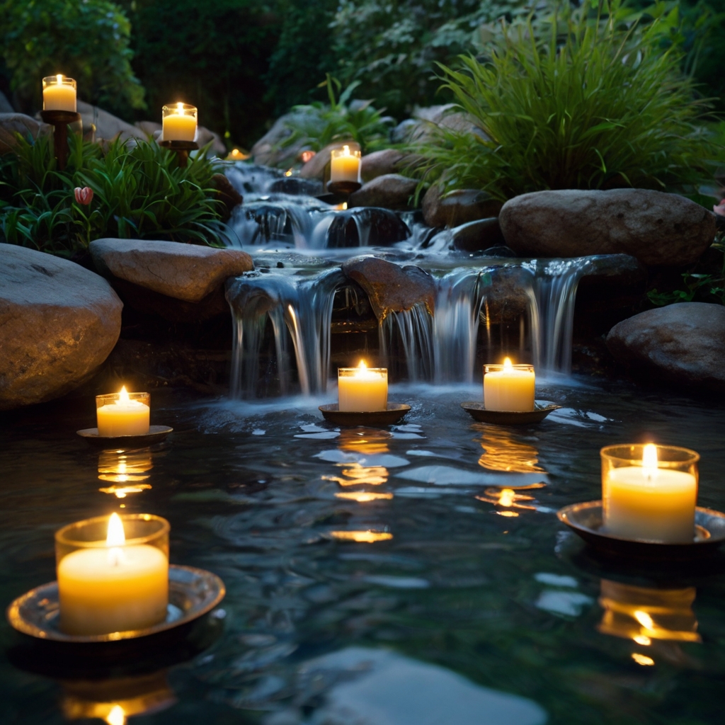 Candles float on a cascading waterfall, creating a romantic ambiance with flickering light and flowing water.