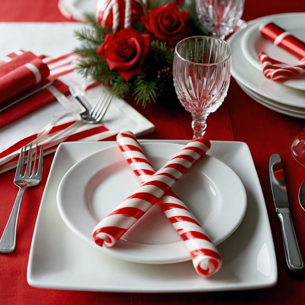 Add a festive touch with candy canes as napkin and place card holders, paired with vibrant red and white accents.