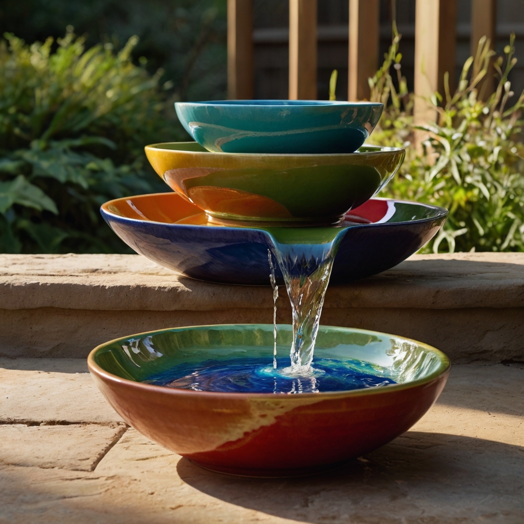 Colorful ceramic bowls stacked for a cascading waterfall, with gentle water flow and soft lighting.