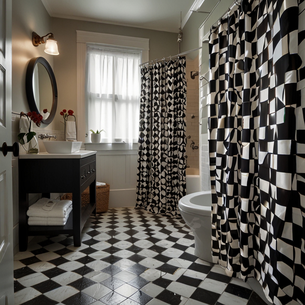 Bold black-and-white checkerboard shower curtains make a striking focal point. High-contrast lighting emphasizes the graphic design.