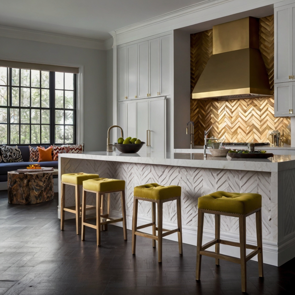 Add bold chevron-patterned stools to your kitchen for dynamic visual appeal. Strong lighting accentuates the striking patterns, creating a dramatic atmosphere.